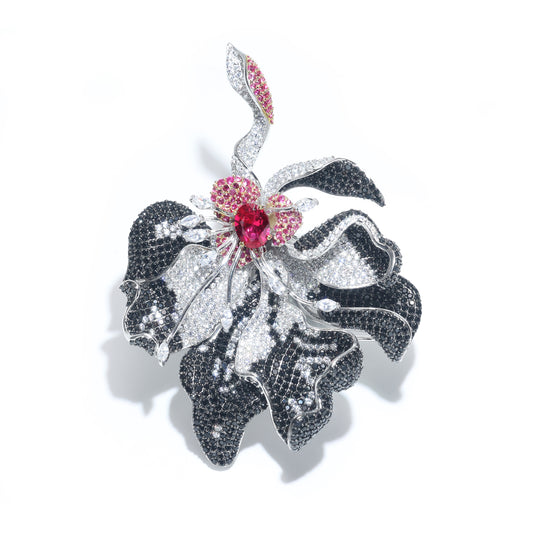 Customized only 1 piece. Micro-setting Ruby color Lab created stones The black Dahlia brooch, sterling silver