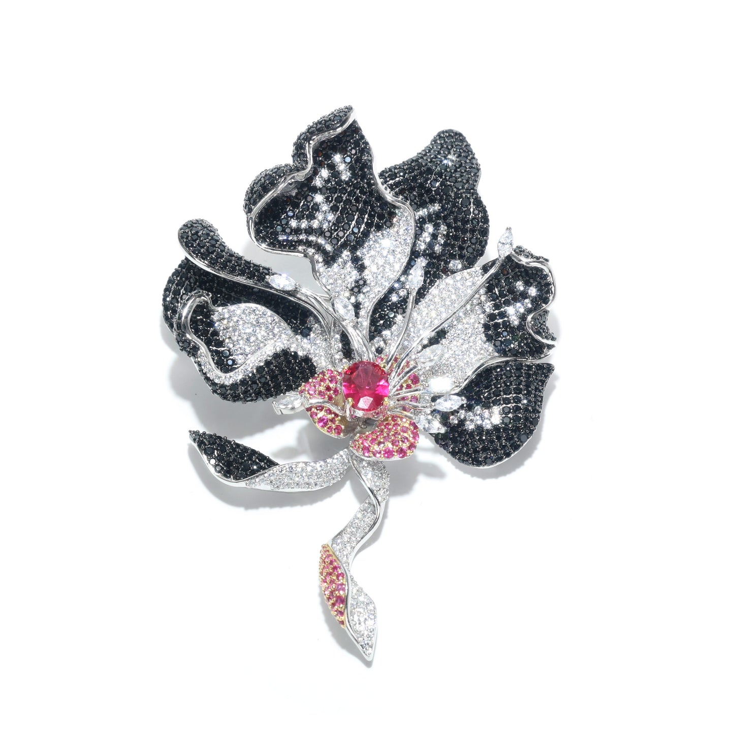 Customized only 1 piece. Micro-setting Ruby color Lab created stones The black Dahlia brooch, sterling silver