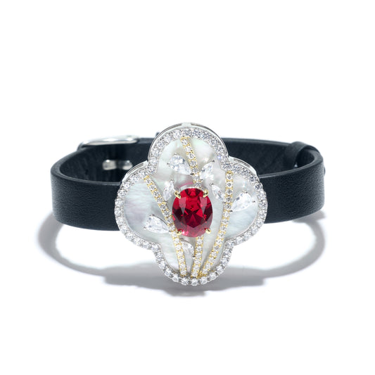 Micro-setting Ruby color Lab created stones and white shell Black belt bracelet, sterling silver