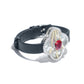 Micro-setting Ruby color Lab created stones and white shell Black belt bracelet, sterling silver