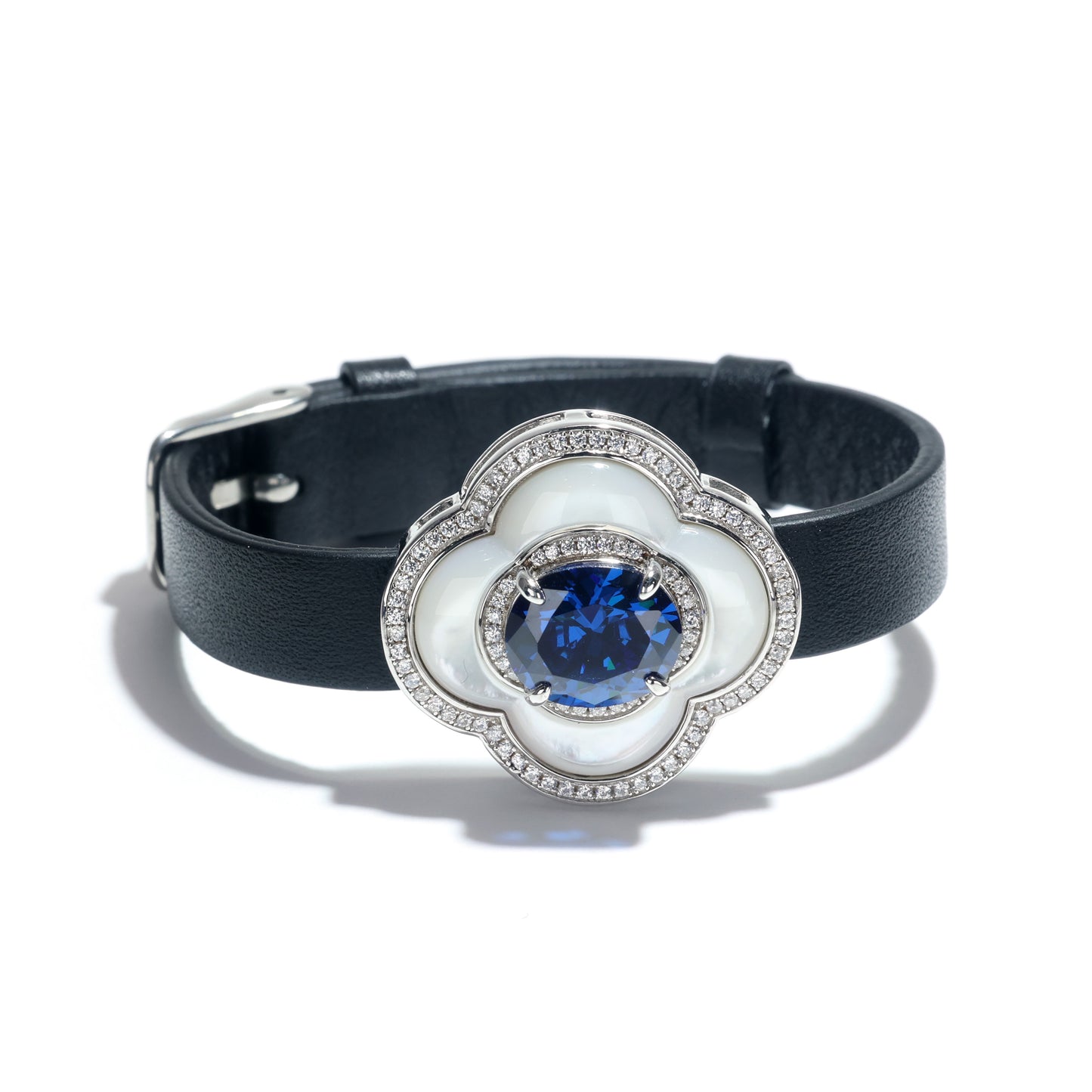 Micro-setting Sapphire color Lab created stones and white shell Black belt bracelet, sterling silver.