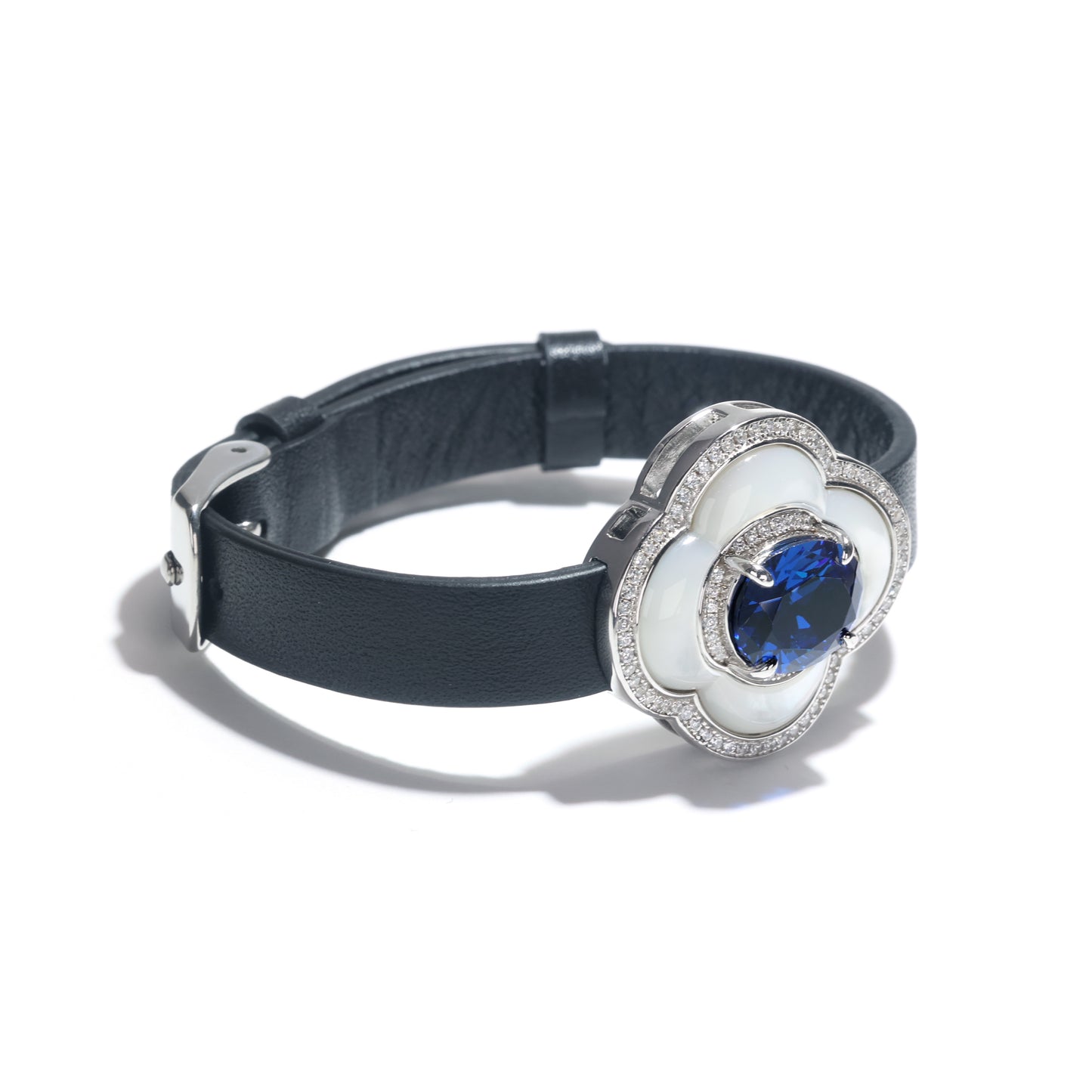 Micro-setting Sapphire color Lab created stones and white shell Black belt bracelet, sterling silver.