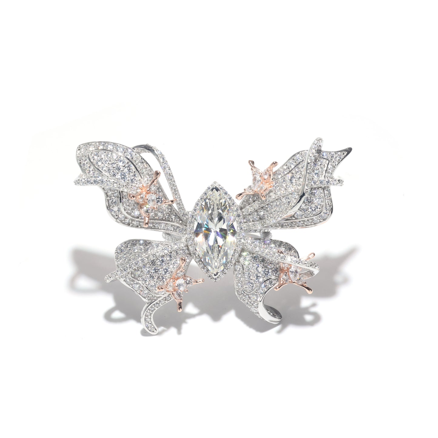 Reservation design Micro-setting Clear diamond color CZ Marquise butterfly ring, sterling silver