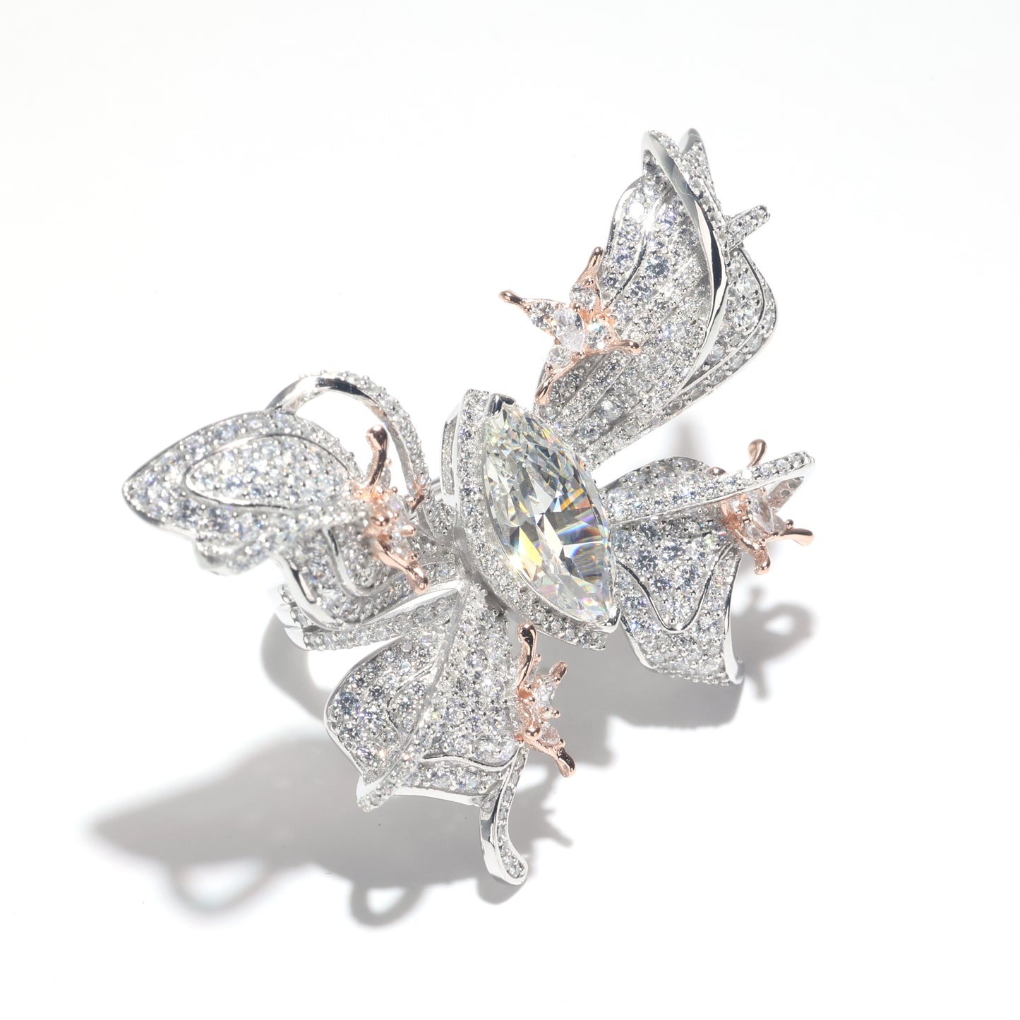 Reservation design Micro-setting Clear diamond color CZ Marquise butterfly ring, sterling silver