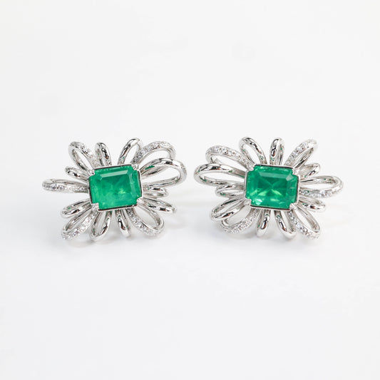 Micro-setting Emerald color Lab created stones fancy bow earrings, sterling silver