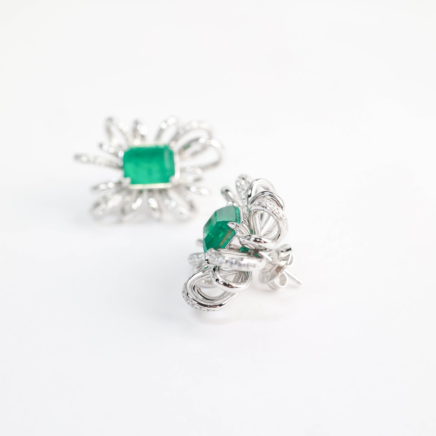 Micro-setting Emerald color Lab created stones fancy bow earrings, sterling silver