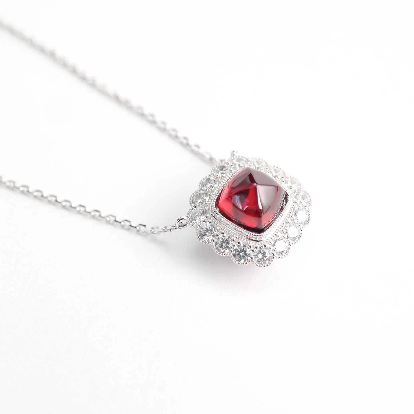 Micro-setting Ruby color Lab created stones sugar tower lace necklace, sterling silver