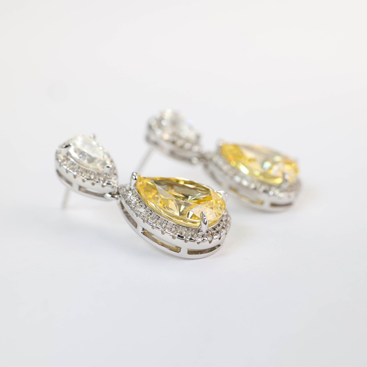 Micro-setting Yellow diamond color Lab created stones two drops earrings, sterling silver.