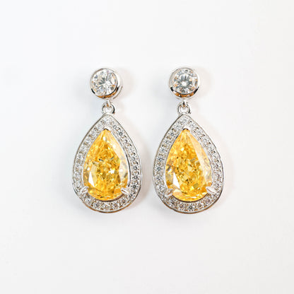 Promotional design Micro-setting Yellow diamond color Lab created stones waterdrop earrings, sterling silver.
