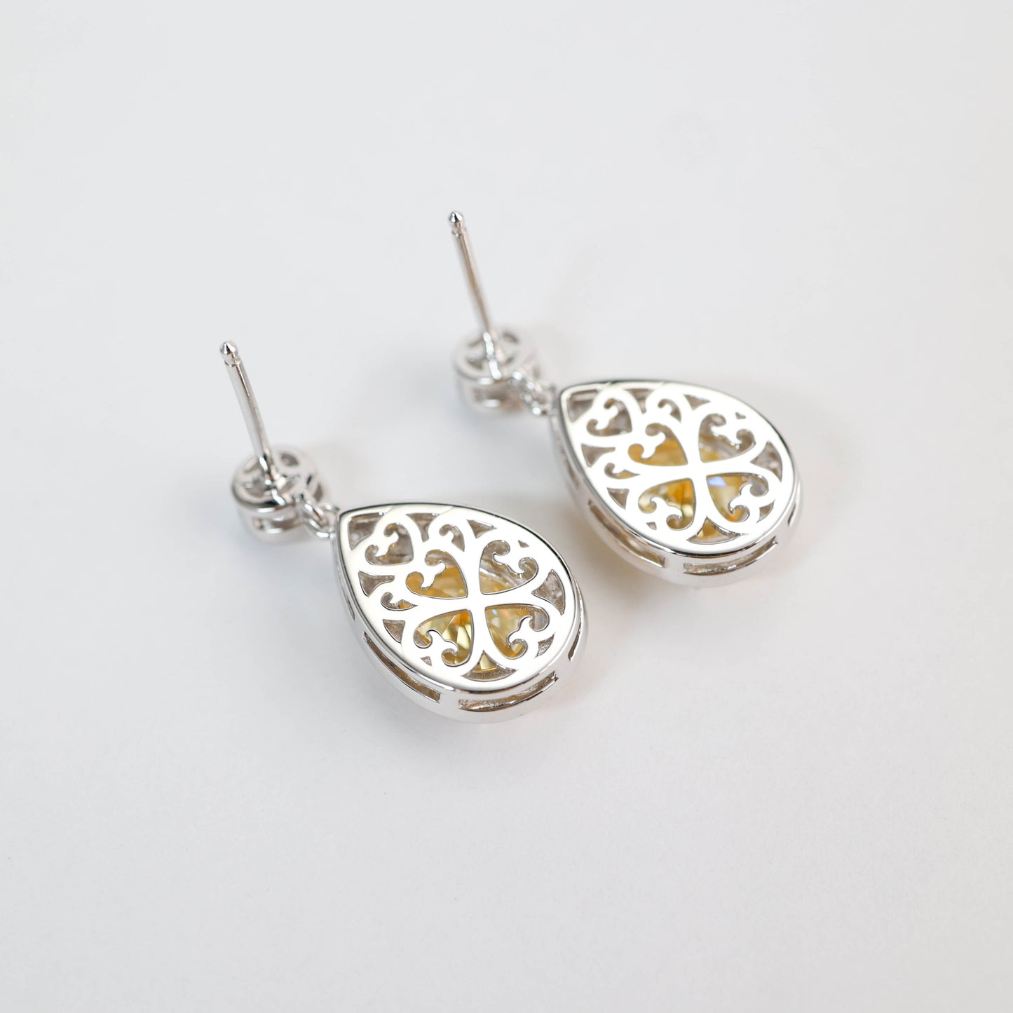 Promotional design Micro-setting Yellow diamond color Lab created stones waterdrop earrings, sterling silver.