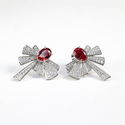Micro-setting Ruby color Lab created stones proud as a peacock earrings, sterling silver