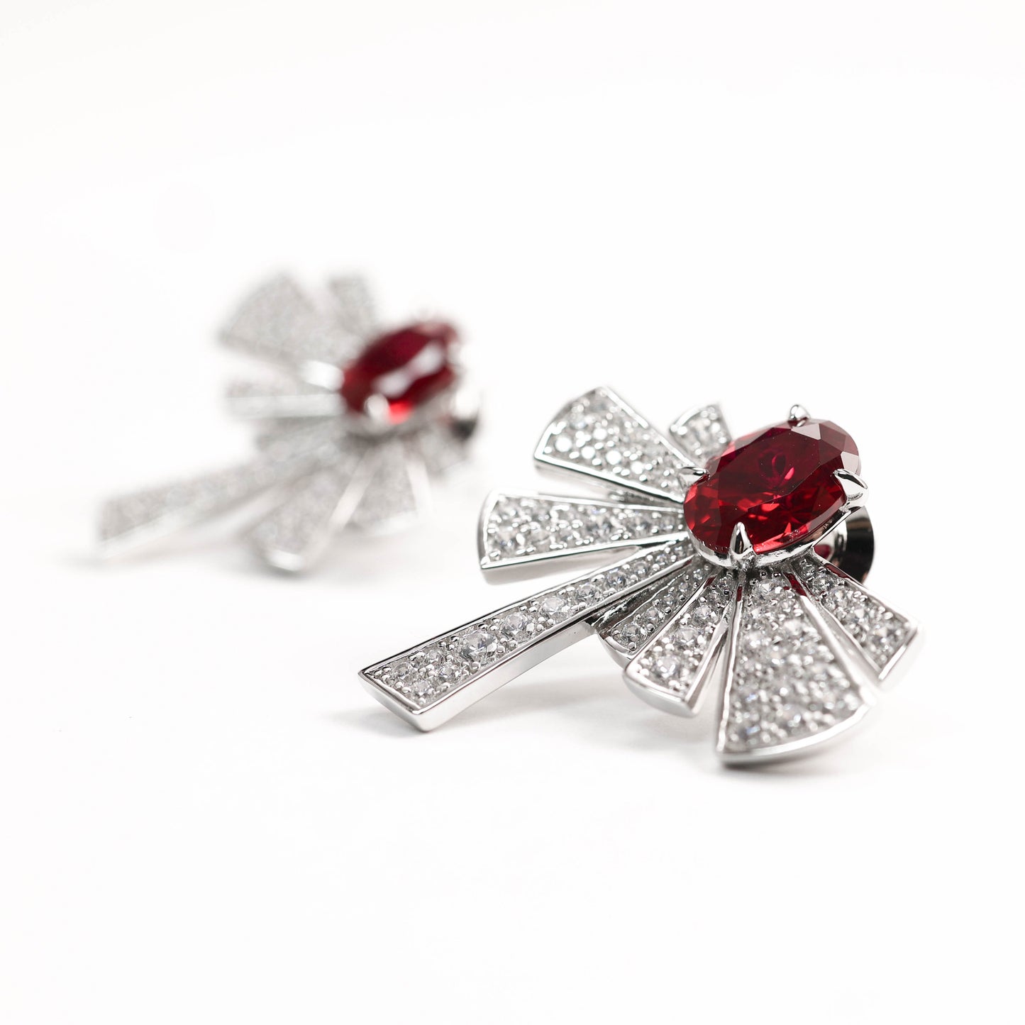 Micro-setting Ruby color Lab created stones proud as a peacock earrings, sterling silver