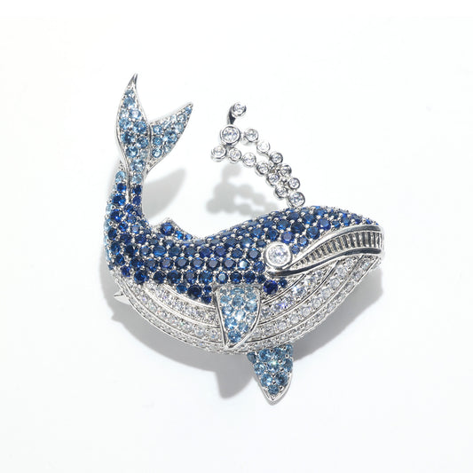 Customized only 1 piece. Micro-setting Aquamarine and Sapphire color Lab created stones The whale brooch, sterling silver