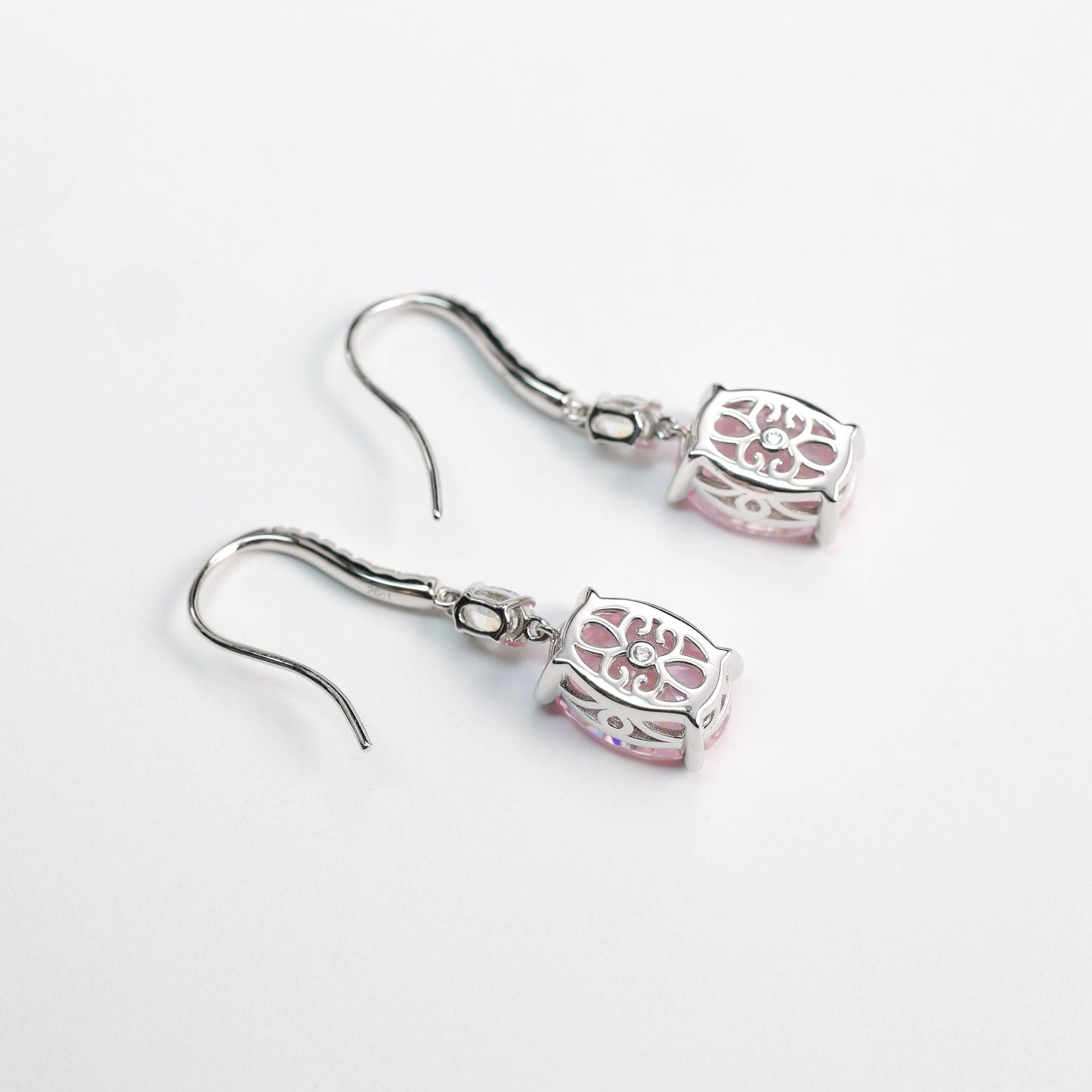 Micro-setting pink diamond color Lab created stones pigeon egg hook earrings, sterling silver