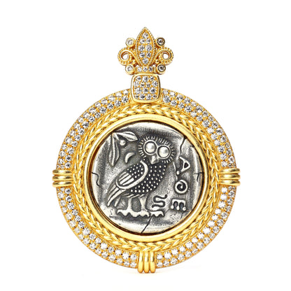 Micro-setting white shell two-sided ancient coins Goddess of wisdom Athena pendant, sterling silver