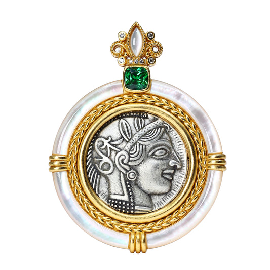 Micro-setting white shell two-sided ancient coins Goddess of wisdom Athena pendant, sterling silver