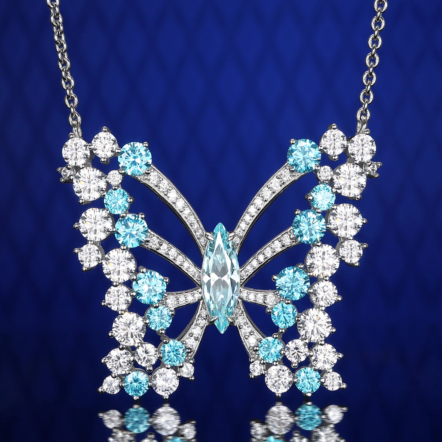Micro-setting Aquamarine color Lab created stones Dream butterfly necklace, sterling silver