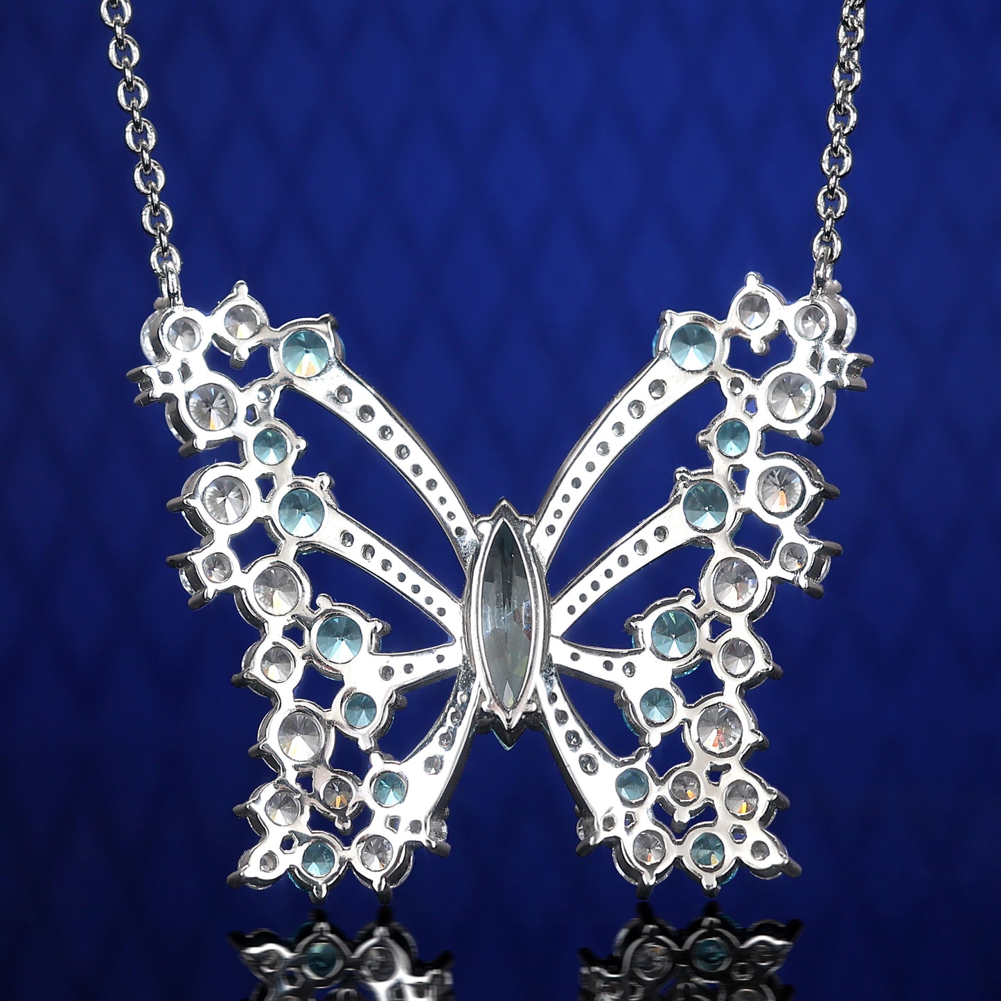 Micro-setting Aquamarine color Lab created stones Dream butterfly necklace, sterling silver