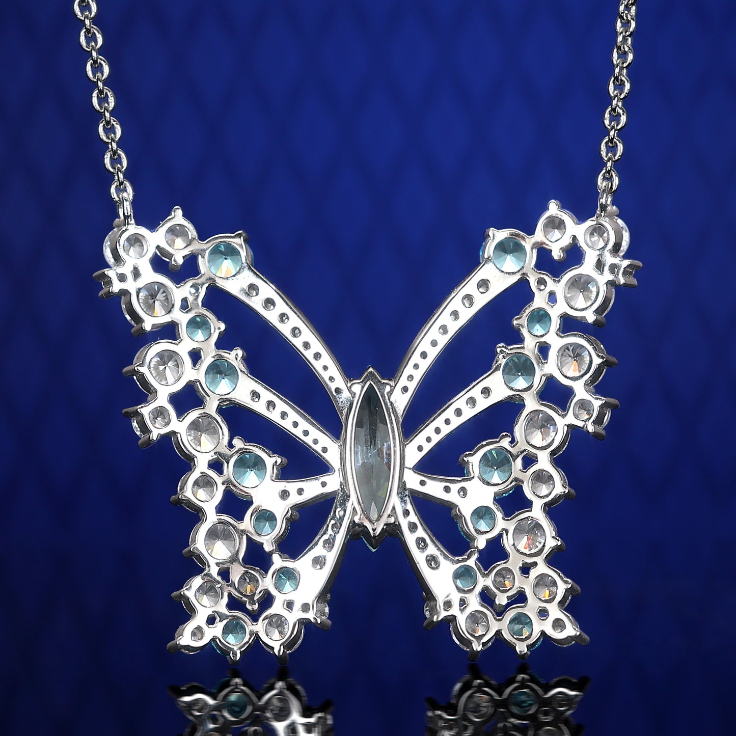 Micro-setting Aquamarine color Lab created stones Dream butterfly necklace, sterling silver