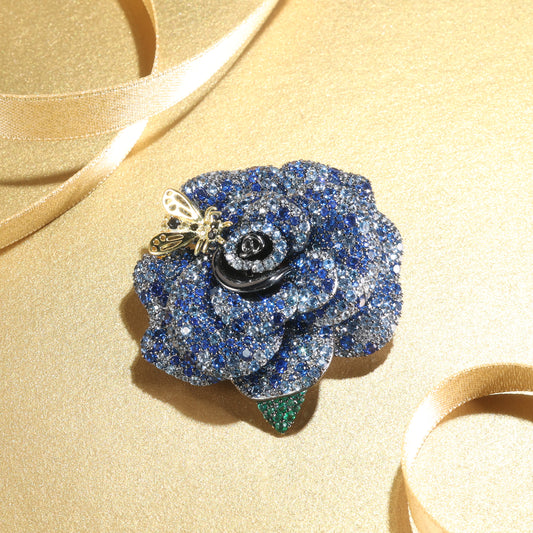 Customized only 1 piece. Micro-setting Sapphire and aquamarine color Lab created stones detailed Rose and bee brooch, sterling silver