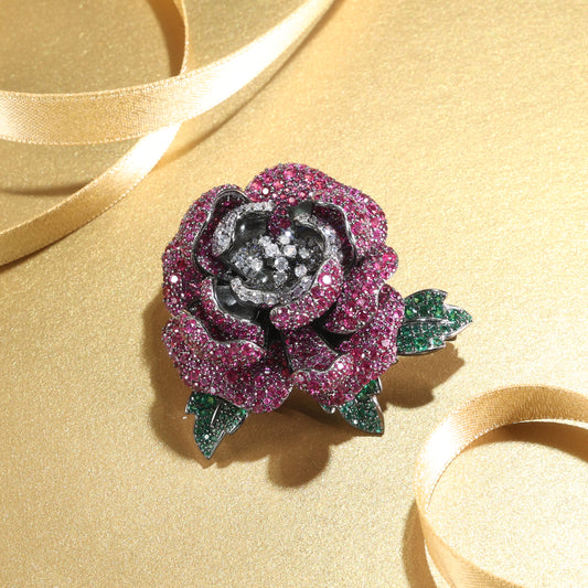 Customized only 1 piece. Micro-setting Ruby and emerald color Lab created stones detailed Rose brooch, sterling silver