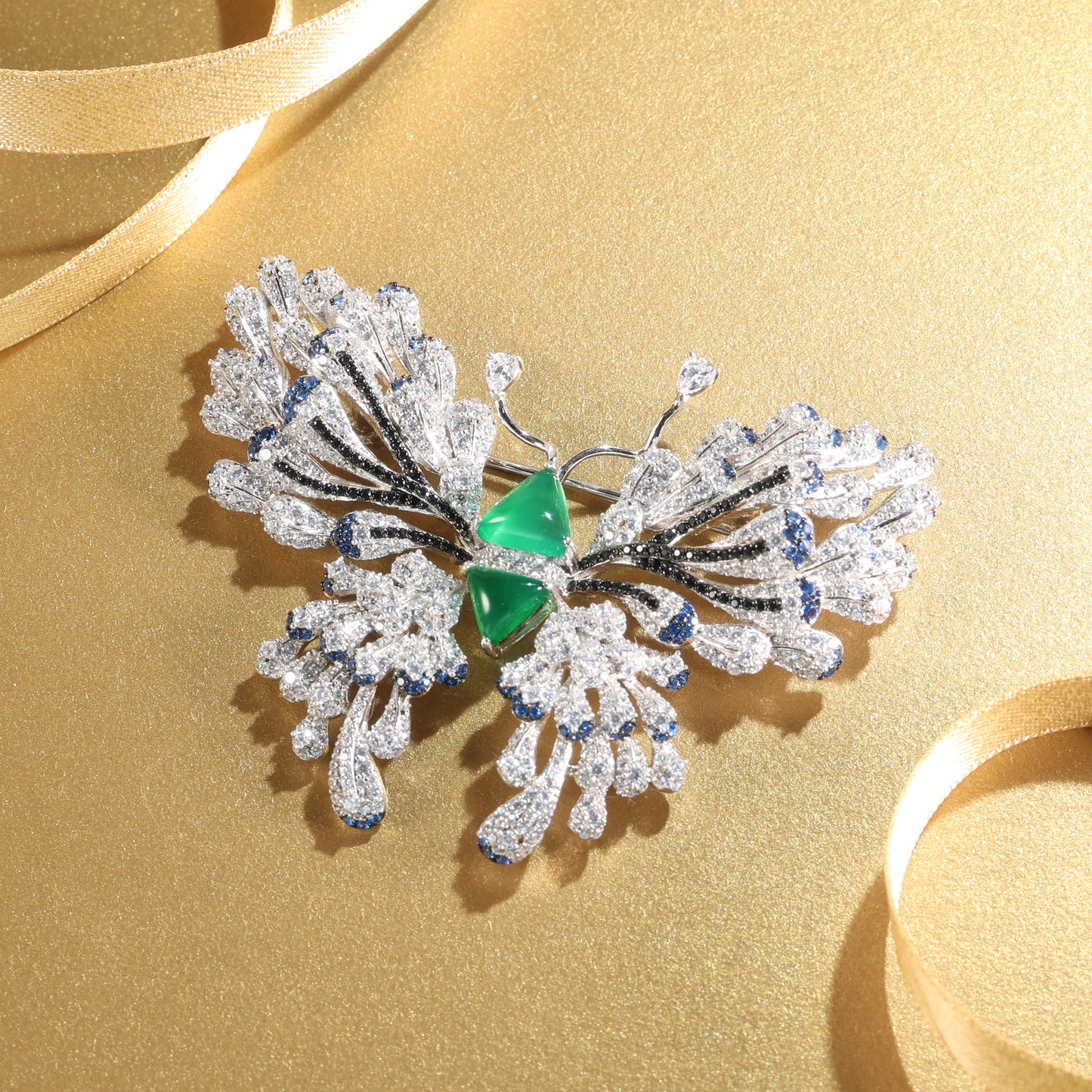 Customized only 1 piece Micro-setting emerald and diamond color Lab created stones triangle cabochon cut detailed artistic butterfly brooch, sterling silver