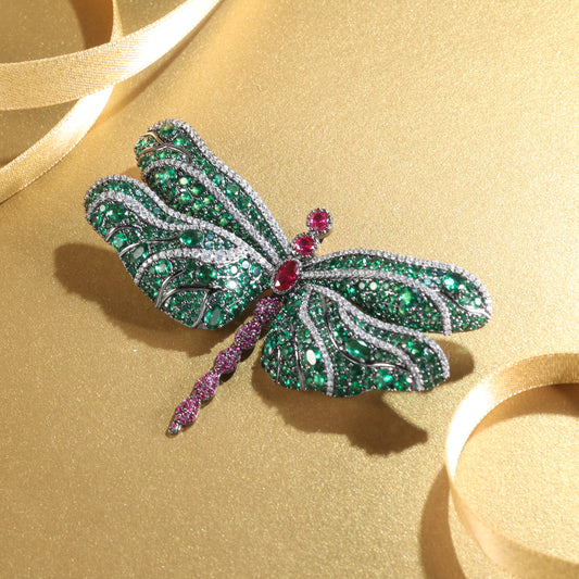 Customized only 1 piece Micro-setting Emerald and ruby color Lab created stones artistic detailed dragonfly brooch, sterling silver