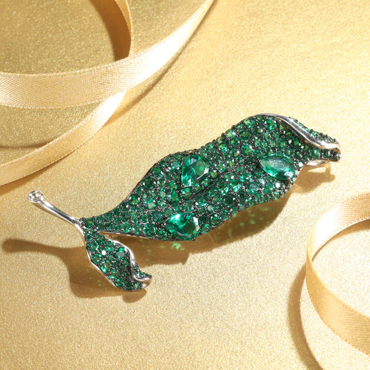 Special offer Micro-setting emerald color Lab created stones The Leaf brooch, sterling silver