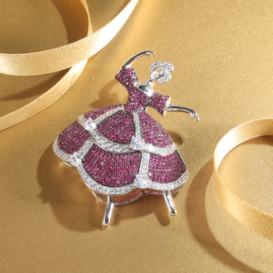 Customized only 1 piece Micro-setting Ruby color Lab created stones The Ballerina brooch, sterling silver