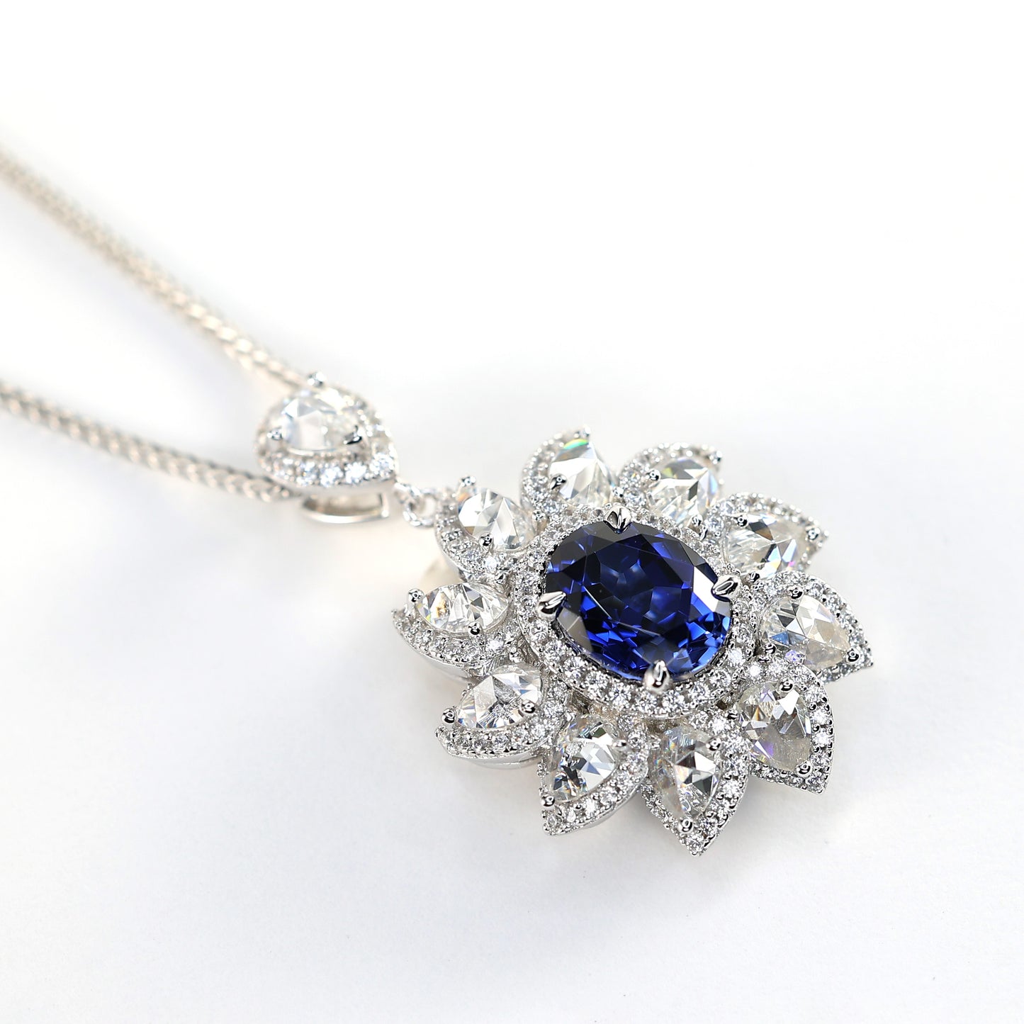 Micro-setting Sapphire color Rose-cutting Lab created stones Apollo necklace, sterling silver.