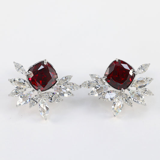 Special offer Micro-setting Ruby color Lab created stones half flower earrings, sterling silver. (11.2 carat)