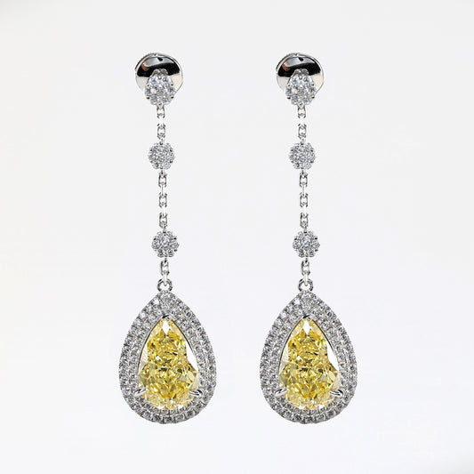 Micro-setting Yellow diamond color Lab created stones Long waterdrop earrings, sterling silver