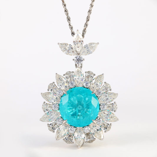 Micro-setting Paraiba color Sun-flower necklace, sterling silver.(13 carat)