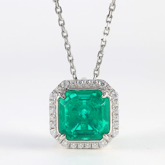 Micro-setting Emerald color Lab created stones 4 prong necklace, sterling silver.