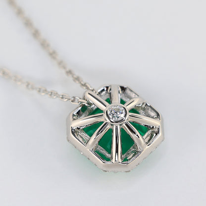 Micro-setting Emerald color Lab created stones 4 prong necklace, sterling silver.