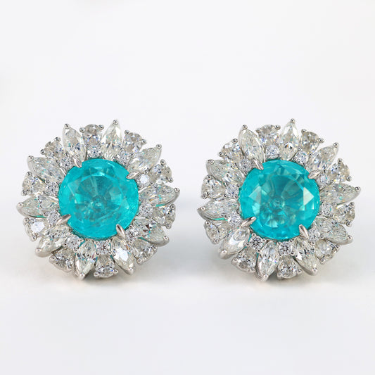 Micro-setting Paraiba color Lab created stones Sun-flower earrings, sterling silver