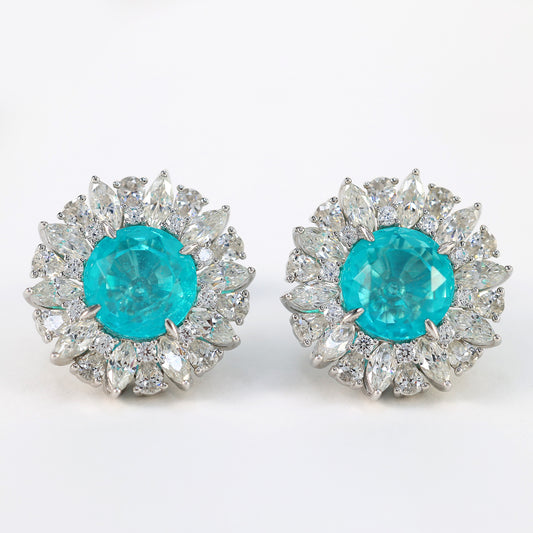 Micro-setting Paraiba color Lab created stones Sun-flower earrings, sterling silver