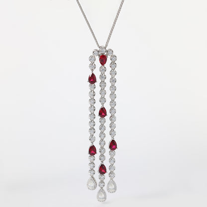 Collier goutte d'eau micro-serti couleur rubis bulle chaîne pompon, argent sterling