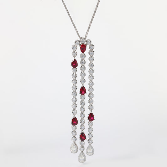 Collier goutte d'eau micro-serti couleur rubis bulle chaîne pompon, argent sterling