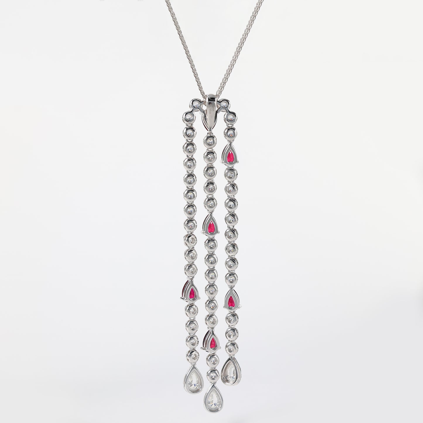 Collier goutte d'eau micro-serti couleur rubis bulle chaîne pompon, argent sterling