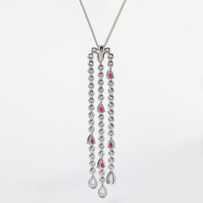 Collier goutte d'eau micro-serti couleur rubis bulle chaîne pompon, argent sterling