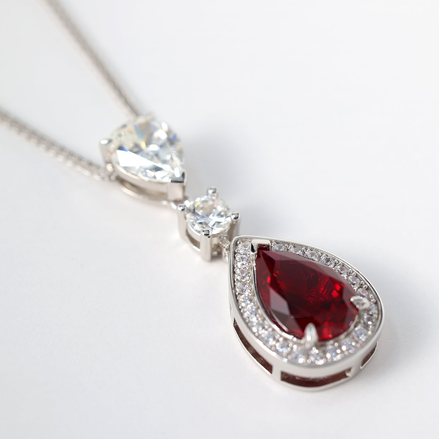 Micro-setting Ruby color Lab created stones water-drop necklace, sterling silver