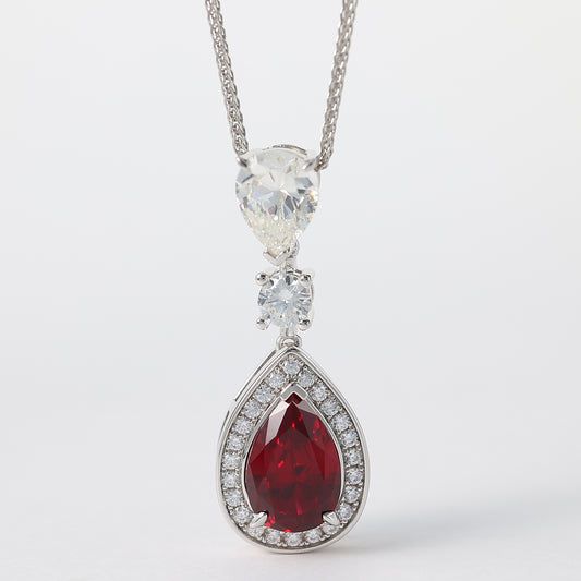 Micro-setting Ruby color Lab created stones water-drop necklace, sterling silver