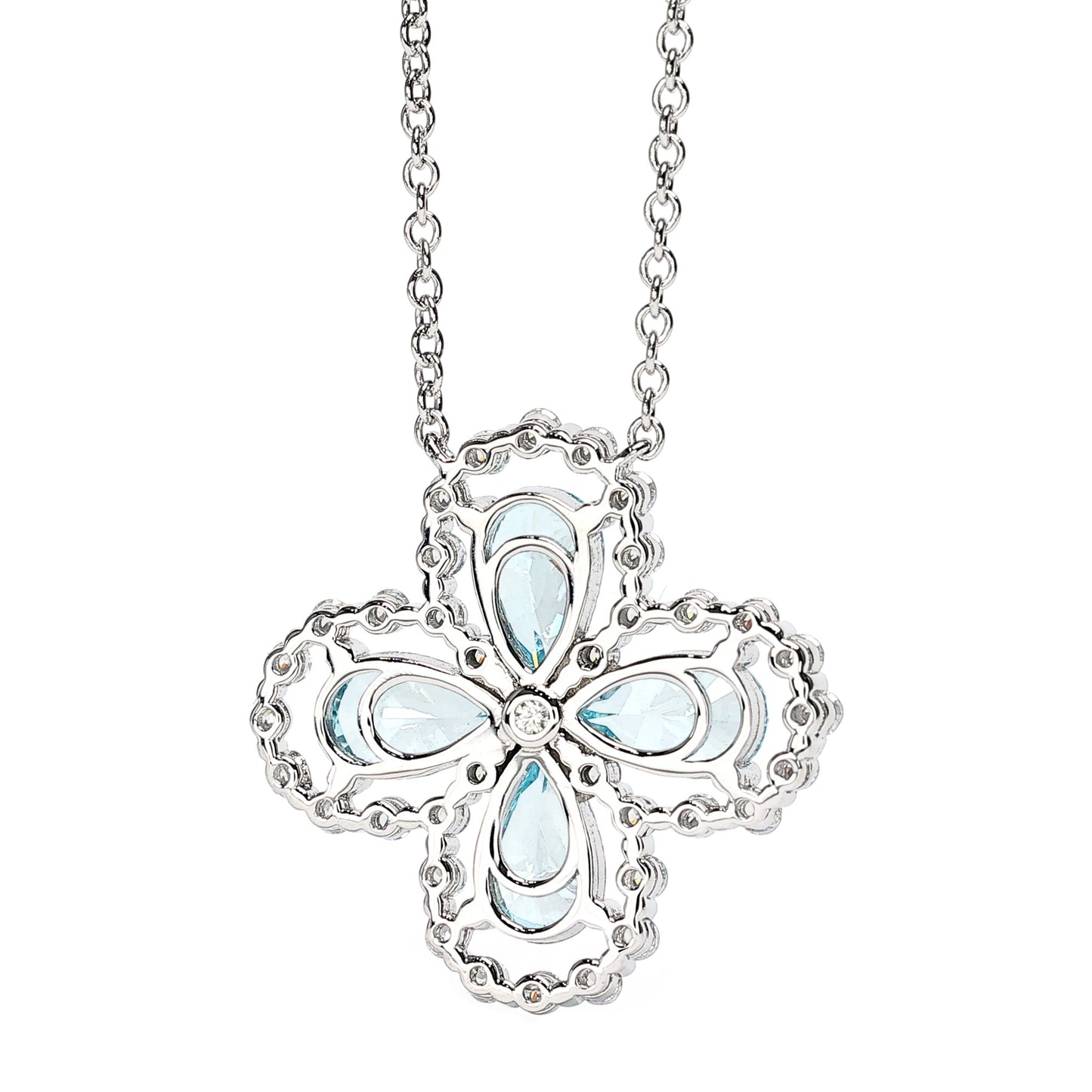 Micro-setting Aquamarine color waterdrop clover necklace, sterling silver