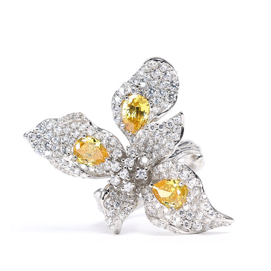 Micro-setting Yellow color mixed stones 3 petals fancy  ring, sterling silver