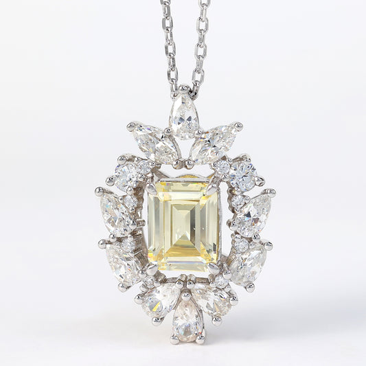 Micro-setting Yellow diamond color emerald-cut rectangular shape necklace, sterling silver