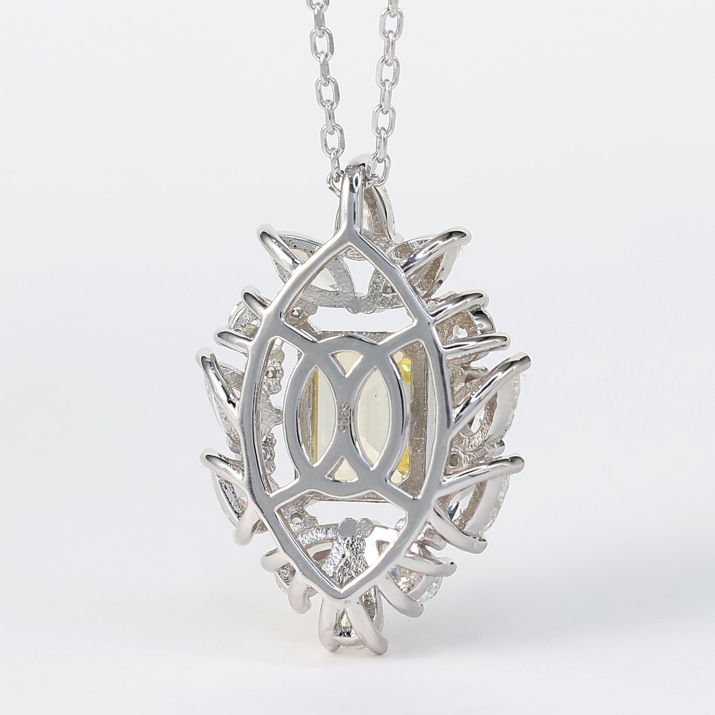 Micro-setting Yellow diamond color emerald-cut rectangular shape necklace, sterling silver