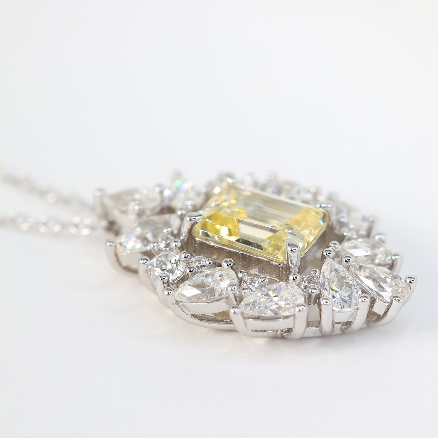 Micro-setting Yellow diamond color emerald-cut rectangular shape necklace, sterling silver