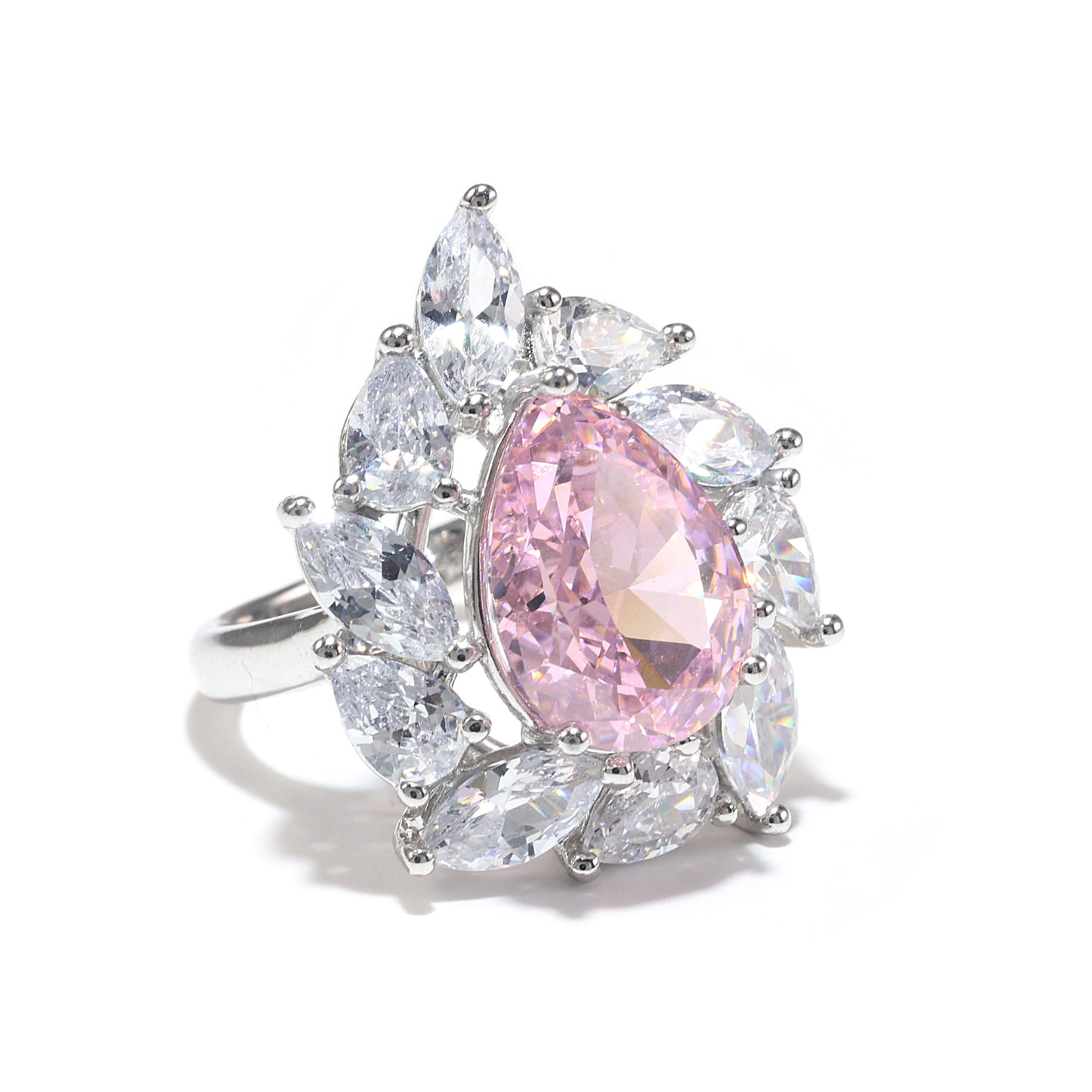 Promotional design Micro-setting Pink diamond color Lab created stones Tear drop ring, sterling silver