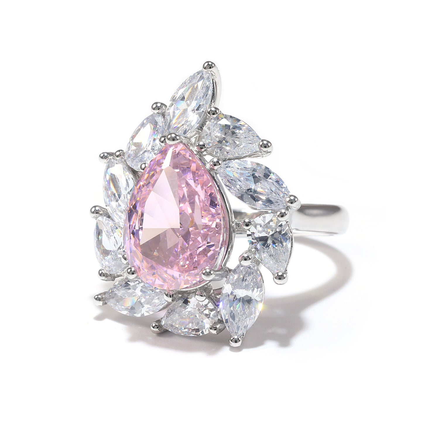 Promotional design Micro-setting Pink diamond color Lab created stones Tear drop ring, sterling silver